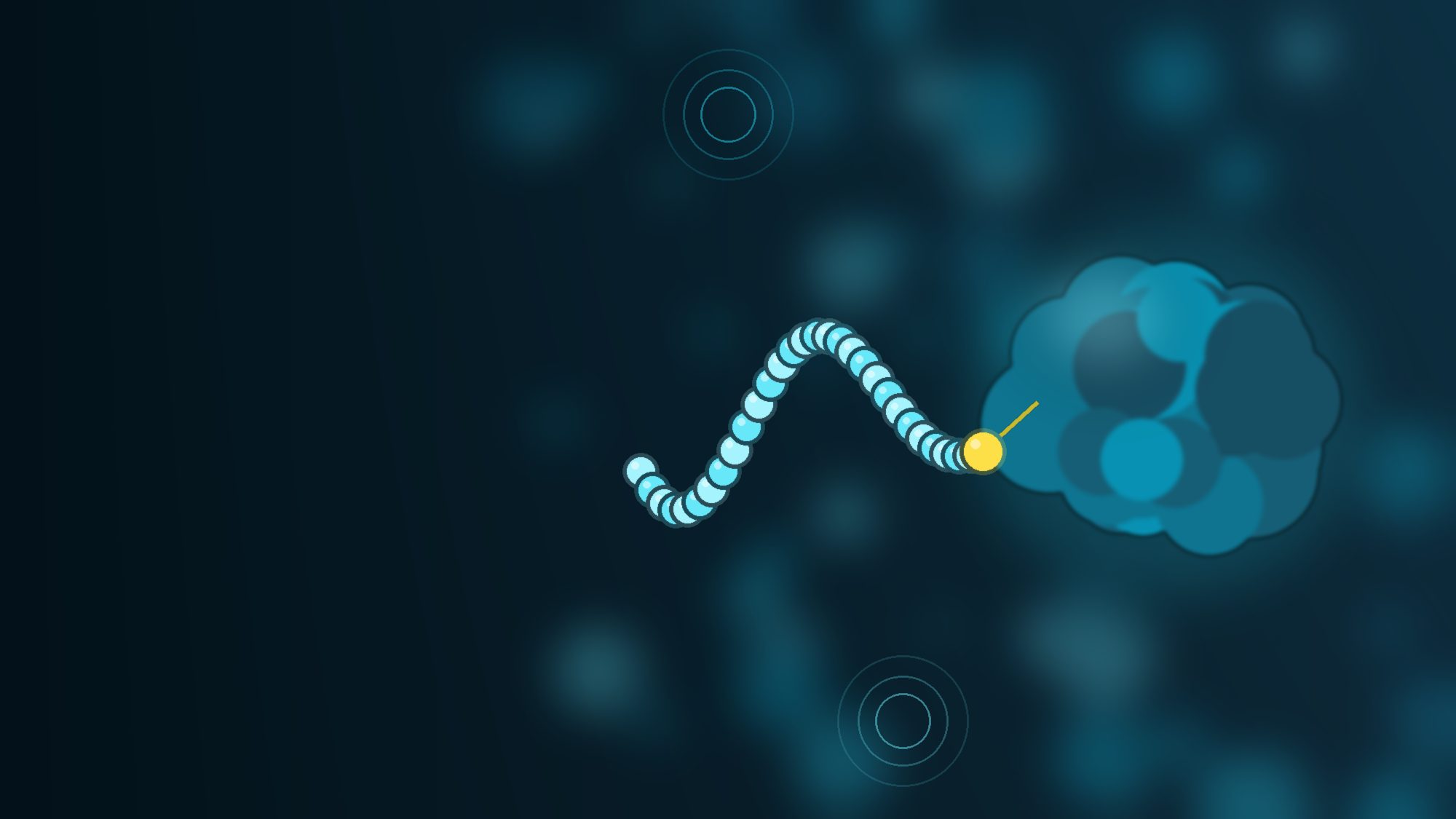 Cyan illustration of a short peptide chain attached by a linker to a large albumin protein